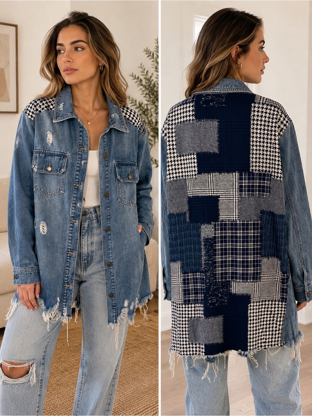 BKE Distressed Patchwork Denim Jacket - Blue Size Medium